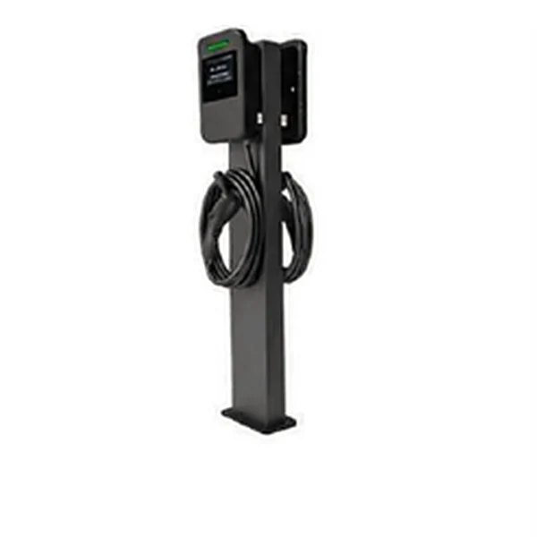 Back-to-back pedestal for 2 single-plug chargers, with 2 cable holsters