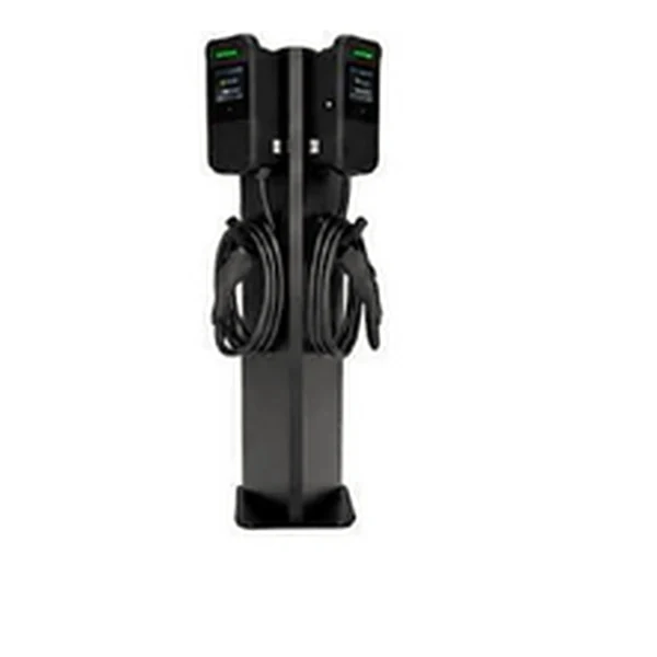 Triangular pedestal for 2 single-plug chargers, with 2 cable holsters
