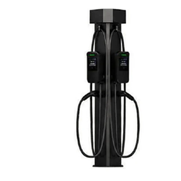 Triangular pedestal for 2 single-plug chargers, with 2 holsters and 2 cable management systems